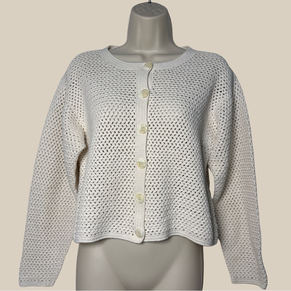 Woolrich Winter White Button Up Long Sleeve Cardigan Open Weave Cotton Blend S